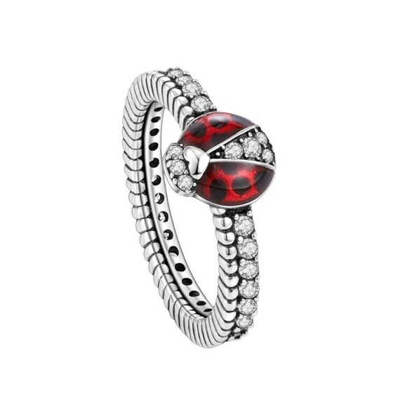 NWT Ladybug Ring Sz.8 S925 Solid Sterling Silver Red Enamel Cubic Zirconia - Picture 6 of 7